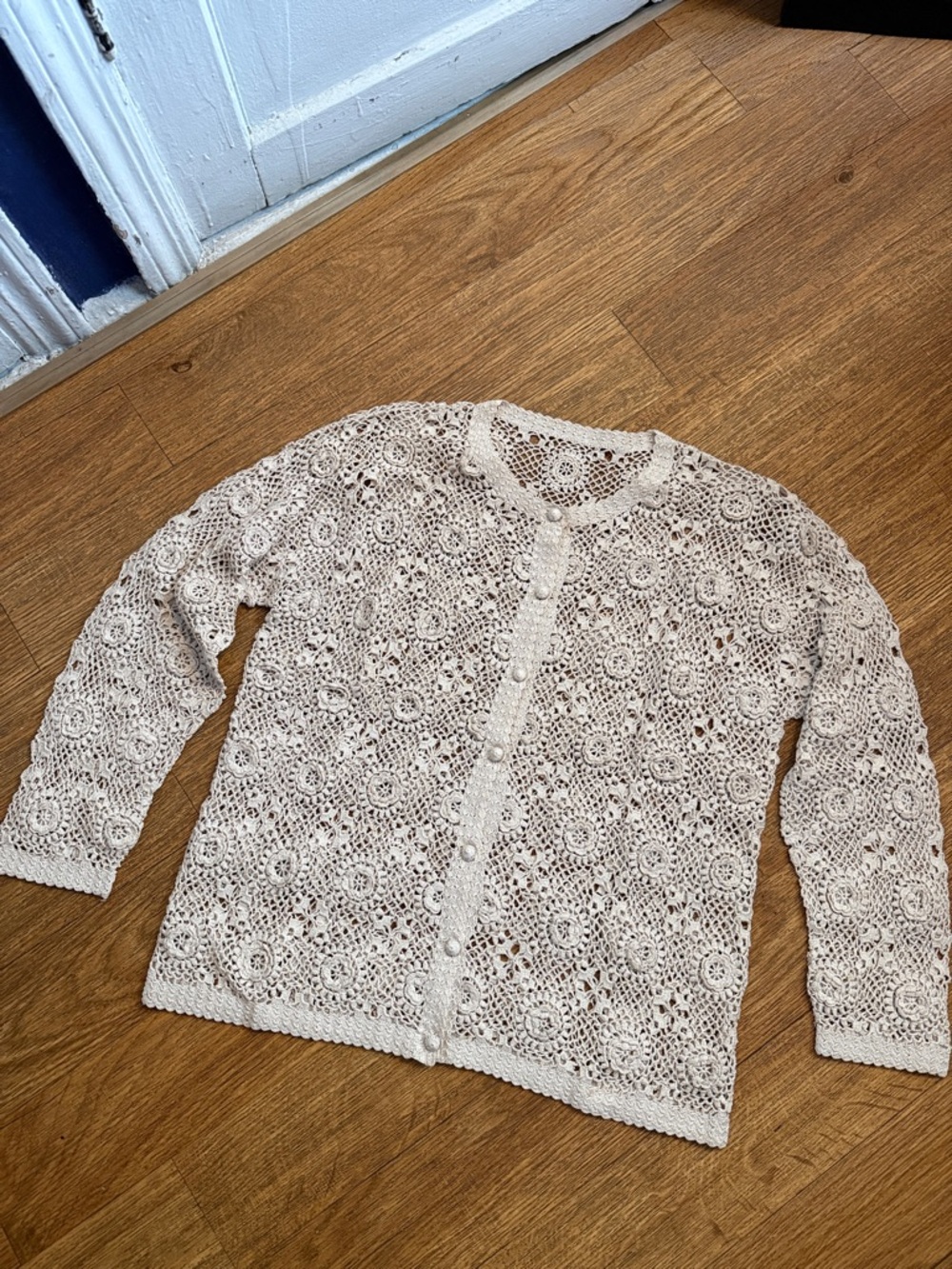 Light Cream Crochet Button-Front Women's Sweater Cardigan